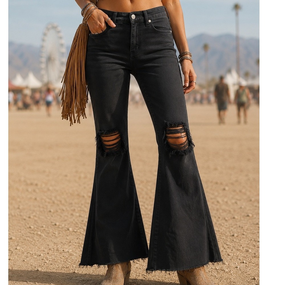 Swank A Posh Black Distressed High Waisted Flare Bell Bottom Jeans Women Size 13